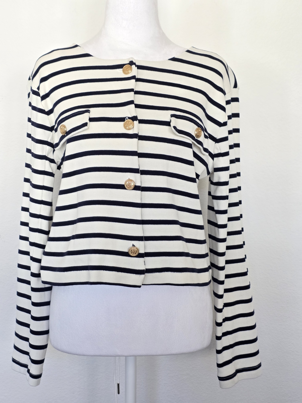 Ann Taylor Factory Cropped Dark Navy Off- White Striped Button-Front Top Size L